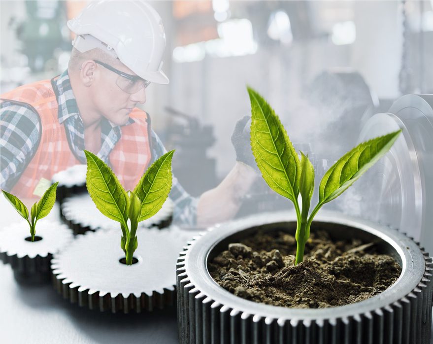 Brotes verdes creciendo sobre engranajes industriales