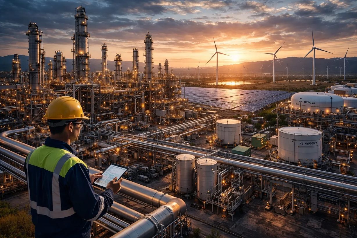 Ingeniero supervisando una planta energética con paneles solares y aerogeneradores
